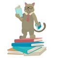 Cat scientist reads books. Librarian cat. Fairy-tale character. Vector isolated character.