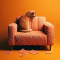cat Scratched chair or sofa on orange background with space for copy