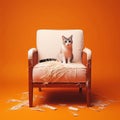 cat Scratched chair or sofa on orange background with space for copy