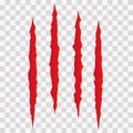 Cat scratches. Animal claws marks in red. Monster or dinosaur attack slash stripes on transparent background. Vector Royalty Free Stock Photo