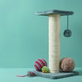 A cat scratching post on a light teal background features a vertical column wrapped Royalty Free Stock Photo