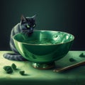 Cat Scrying in a Green Bowl