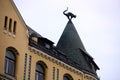 Cat sculpture on roof