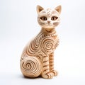 Handmade Wood Cat Model With Spirals And Densely Patterned Imagery