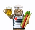Cat seaman with beer and hot dog Royalty Free Stock Photo