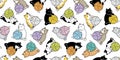 Cat Seamless Pattern Calico Vector Kitten Yarn Ball Neko Toy Breed Cartoon Character Pet Tile Background Repeat Wallpaper Animal D