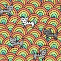 Cat seamless pattern for children. Grey and white animals, cute cats and rainbows . Hand-drawn vector background for fabric, paper