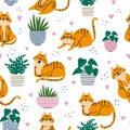 Cat seamless pattern. Red cats and plants in pots repeated wallpaper in scandinavian style. Cartoon funny kittens print