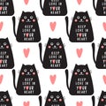 Cat seamless pattern with text keep love in your heart in geometric style