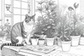 A cat with seedlings in a greenhouse (AI Generated)