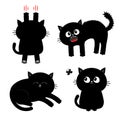 Cat set. Black kitten. Nail claw scratch, sitting, screaming, sleeping, looking at butterfly. Cute cartoon funny character Baby pe Royalty Free Stock Photo