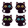 Cat set. Black silhouette icon. Kitten with big yellow, blue, green eyes. Cute face head. Cartoon pet baby character. Pink ears, Royalty Free Stock Photo