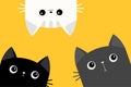 Cat set. Black White Gray face icon. Kitten in the corner. Funny kawaii doodle animal. Kitty upsidedown. Cute cartoon funny