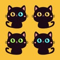 Cat set. Cute face head. Black silhouette icon. Kitten with big yellow, blue, green eyes. Cartoon pet baby character. Pink ears, Royalty Free Stock Photo