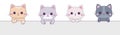 Cat set hanging on paper. Kitten with holding hands. Paw print on the table. Line contour silhouette. Funny Kawaii pet animal.