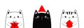 Cat set holding Merry Christmas ball, gift box. Santa hat. Funny kawaii doodle animal. Cute cartoon funny character. Three friends