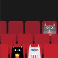 Cat set in movie theater eating popcorn, french fries, soda. Cute cartoon character. Film show Cinema. Viewer kitten watching Royalty Free Stock Photo