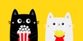 Cat set. Popcorn, french fries. Cute cartoon funny character. Black White kitty. Cinema theater. Film show. Kittens watching movie Royalty Free Stock Photo