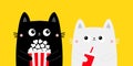 Cat set. Popcorn, fsoda glass. Cute cartoon funny character. Black White kitty. Cinema theater. Film show. Kittens watching movie Royalty Free Stock Photo