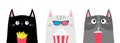 Cat set. Popcorn, soda, french fries. Cute cartoon funny character. Cinema theater. Film show. Kitten in 3D glasses watching movie Royalty Free Stock Photo