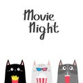 Cat set. Popcorn, soda, french fries. Movie night. Cinema theater. Cute cartoon funny character. Film show. Kitten in 3D glasses.