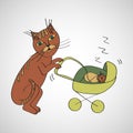 Cat shakes her stroller with a sleeping kitten