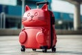 Cat shaped kids travel red suitcase in airport during vacation. Kids travel and adventure concept. Travel concept. Created with