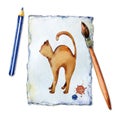 Cat on a sheet of paper. The artist paints a cat with a brush, watercolors and pencil. The concept of children`s Royalty Free Stock Photo