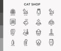 Cat shop thin line icons set: bags for transportation, hygiene, collars, doors, toys, feeders, scratchers, litter, shack, training