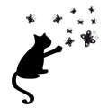 Cat silhouette with butterflies on white background Royalty Free Stock Photo