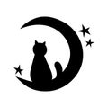 Cat silhouette, isolated on white background. Halloween silhouette black cat on crescent moon with stars Royalty Free Stock Photo