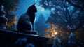 Cat silhouette sits on a wall at night