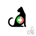 Cat silhouette with stomach symbol. Pet animals food balance concept logo.