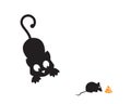 Cat silhouette watching mice eating piece of cheese, funny illustration, vector, cartoon, children wall decals, kids wall artwork