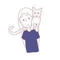 Cat Sit on Girl Shoulder. Vector Illustration. isolated on White Background.