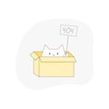 Cat sits in a box with a 404 sign. Page or file not found, connection error.