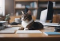 a cat sits on a desk with a desktop computer in the background Royalty Free Stock Photo