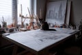 cat sits on drafting table, sketching out the design for a futuristic skyscraper