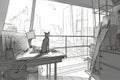 cat sits at drafting table, sketching out the design for futuristic skyscraper