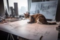 cat sits at drafting table, sketching out the design for futuristic skyscraper