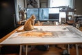 cat sits on drafting table, sketching out the design for a futuristic skyscraper