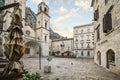 A cat sits in front of the Saint Tryphon church in Kotor, Montenegro