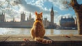 cat sits in London and looks at Big Ben Royalty Free Stock Photo