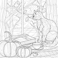 The cat sits near the pumpkin and looks out the window. Autumn .Coloring book antistress for children and adults.