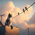 Cat sits on rooftop gazing at three birds on wire Royalty Free Stock Photo