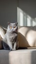 Cat sits on sofa in sunlight during afternoon in a living room setting Royalty Free Stock Photo