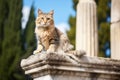 cat sitting atop a fallen roman pillar