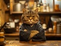 A cat is sitting at a bar with a black robe on and a serious expression Royalty Free Stock Photo