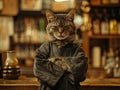 A cat is sitting at a bar with a black robe on and a serious expression Royalty Free Stock Photo