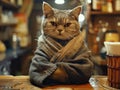 A cat is sitting at a bar with a black robe on and a serious expression Royalty Free Stock Photo